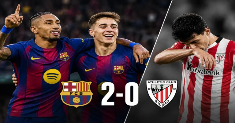 Barcelona claim a 2-0 win over Athletic Club as Raphinha and Fermín score in Barcelona vs Athletic Club at Camp Nou.