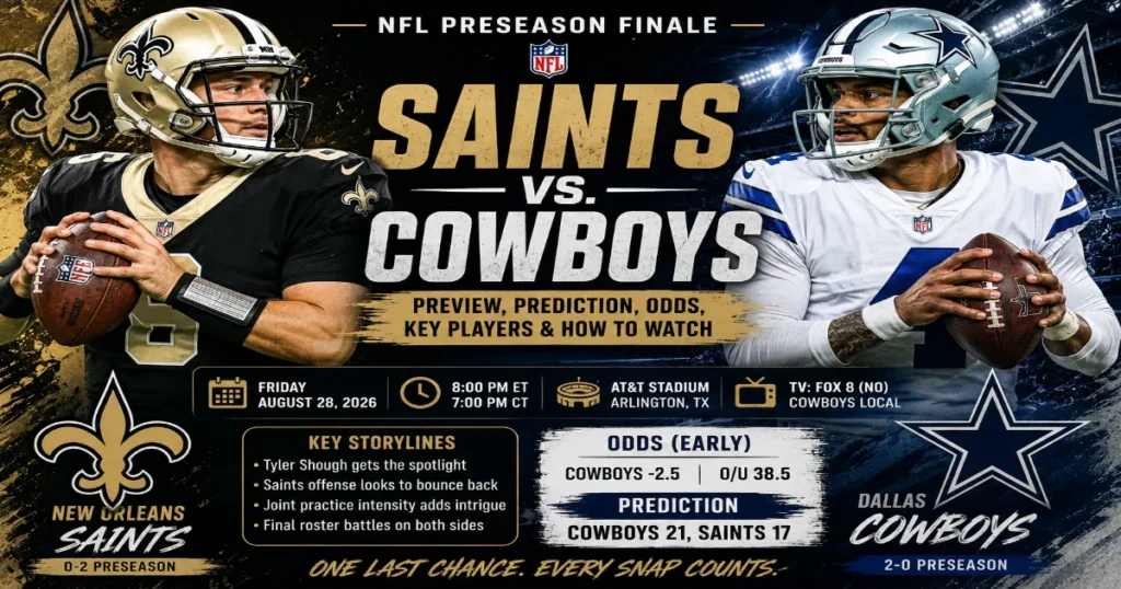 Saints vs Cowboys preview with prediction, latest preseason odds, key players, storylines and how to watch the 2026 NFL preseason finale.