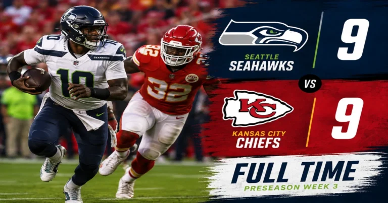Seattle Seahawks vs Kansas City Chiefs finished in a dramatic 9–9 draw as Jalen Milroe impressed at quarterback, while Jason Myers missed a 52-yard field goal that could have won the preseason finale.