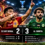 David Lalhlansanga scores twice for East Bengal, but Al-Shorta hit back after half-time to claim a crucial 3-2 victory in Kolkata.