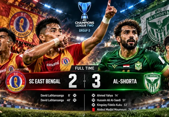 David Lalhlansanga scores twice for East Bengal, but Al-Shorta hit back after half-time to claim a crucial 3-2 victory in Kolkata.